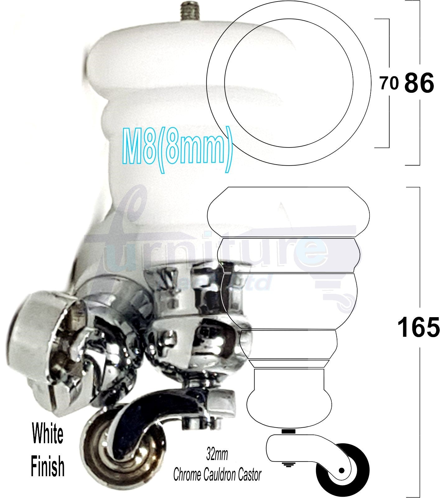 4 Turned Wood Furniture Feet With Chrome Cauldron Castors 155mm Legs Sofas Chairs Stools Cabinets Beds M8 6 Inches