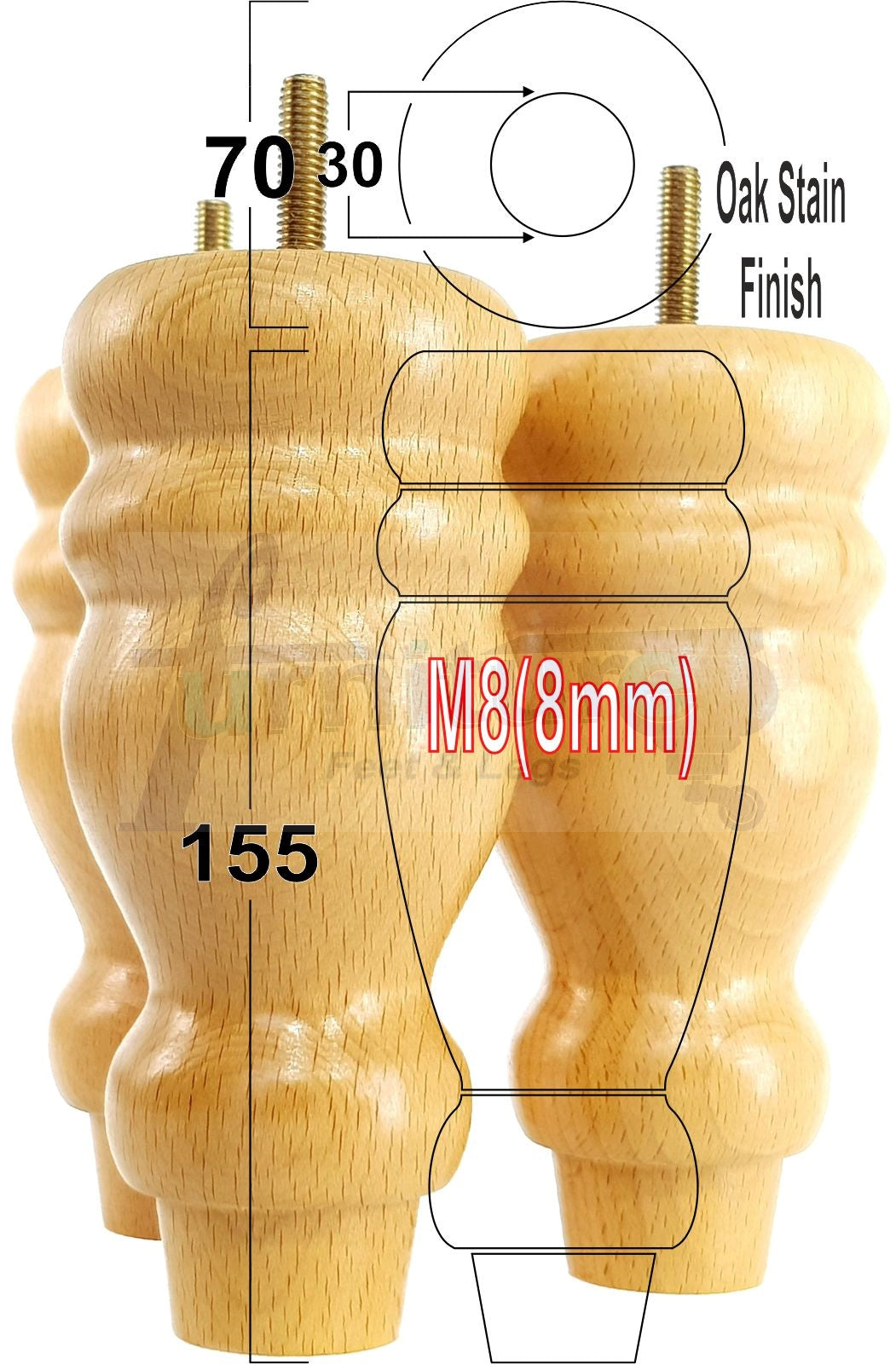 Set Of 4 Turned Wood Furniture Replacement Feet 155mm High 8mm Tread