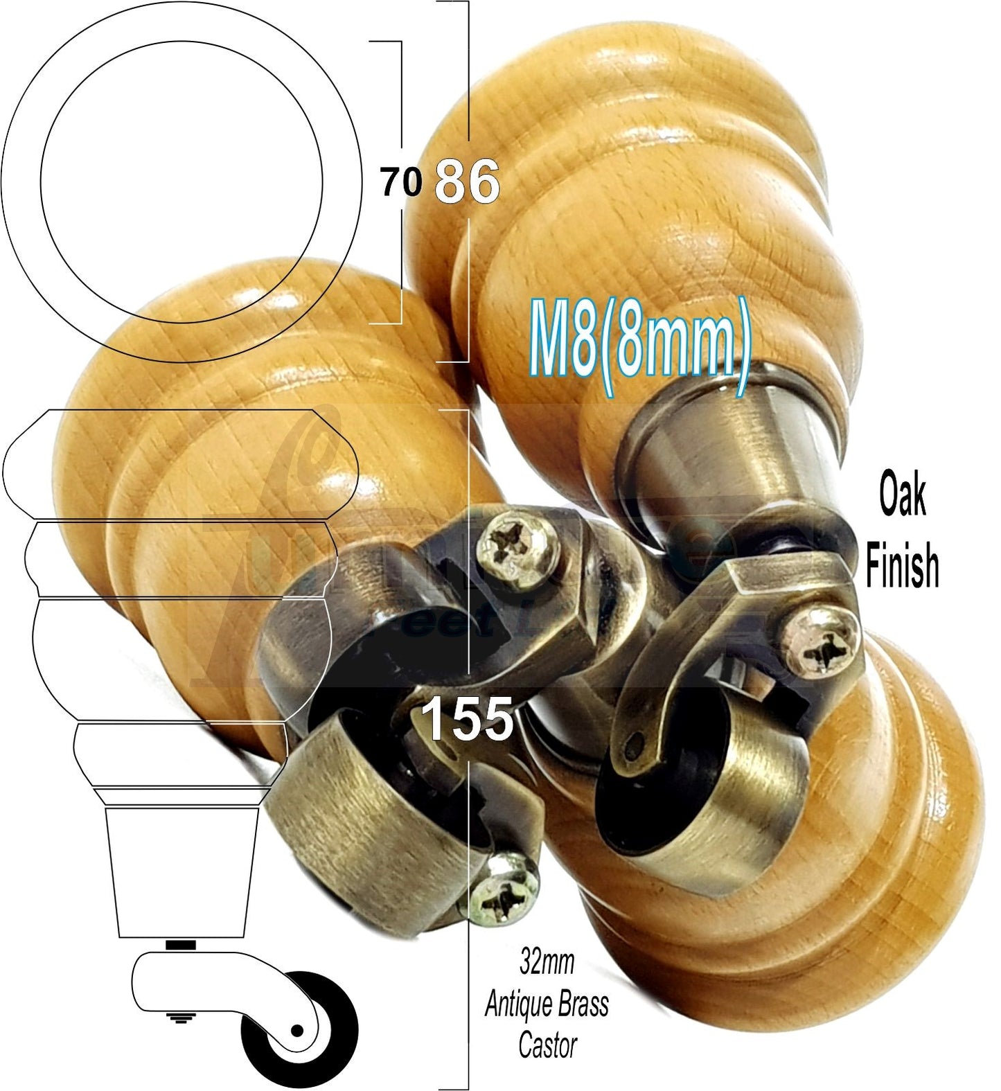 4 Turned Wood Furniture Feet With Antique Brass Castors 155mm Legs Sofas Chairs Stools Cabinets Beds M8 6 Inches
