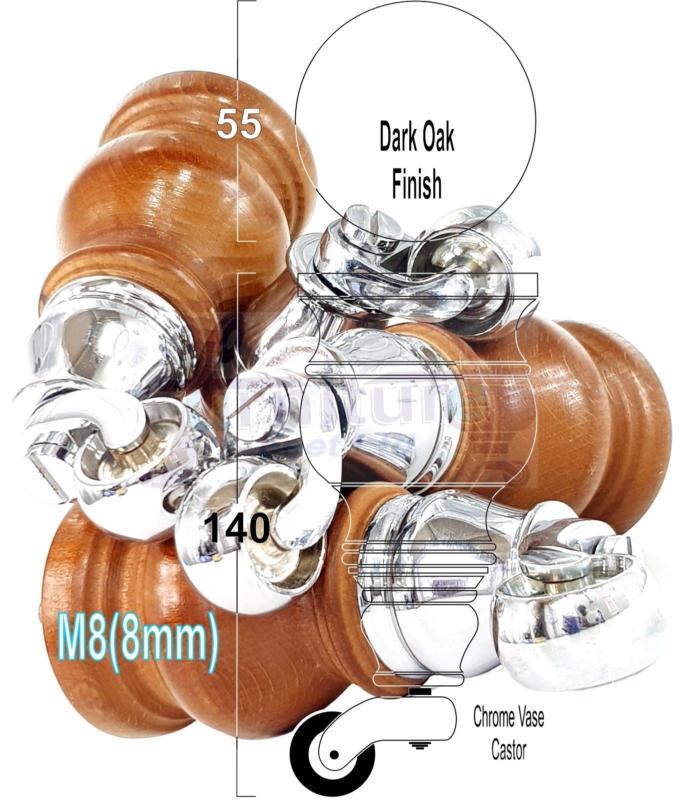 Set Of 4 Turned Wood Furniture Legs With 150mm High Castor 8mm Thread For Chairs Settees & Cabinets Dark Oak Finish