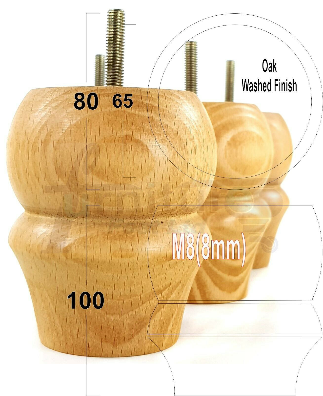 Set Of 4 Solid Wood Turned Furniture Legs Replacement Bun Feet 100mm High 8mm Thread  