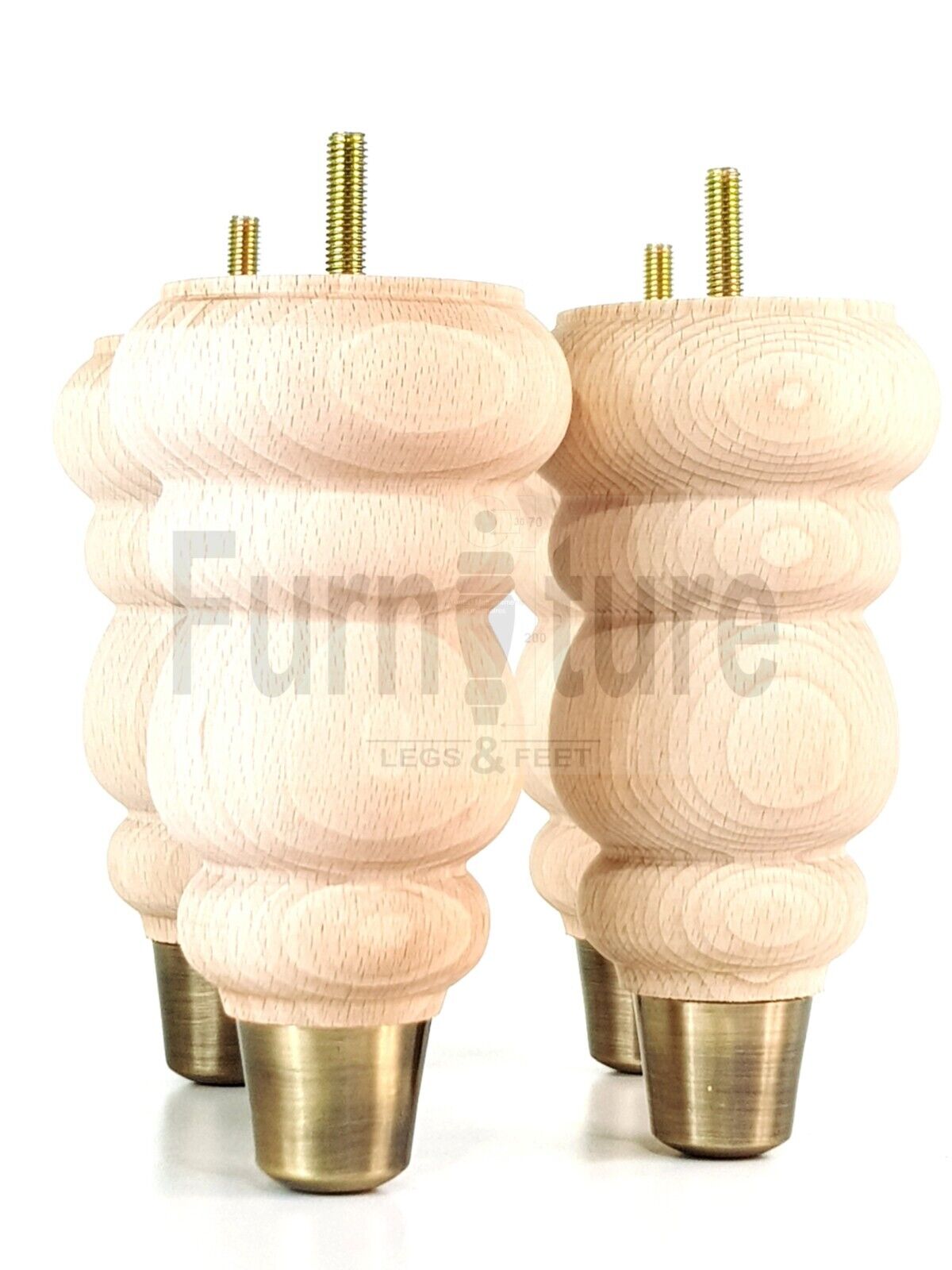 4x Round and Turned Wood Furniture Legs With Brass Slipper Cups Replacement Feet 165mm High M8 Thread