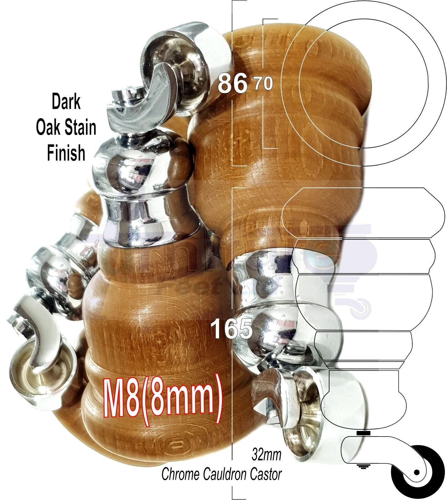 4 Turned Dark Oak Stain Wood Furniture Feet With Castors 155mm Legs Sofas Chairs Stools Cabinets Beds M8 6 Inches	