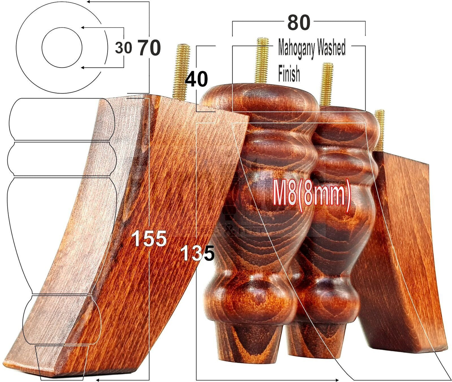 2x Turned Wood Furniture Feet 155mm and 2 Curved Back Legs Sofas Chairs Beds M8 Thread 6 Inches