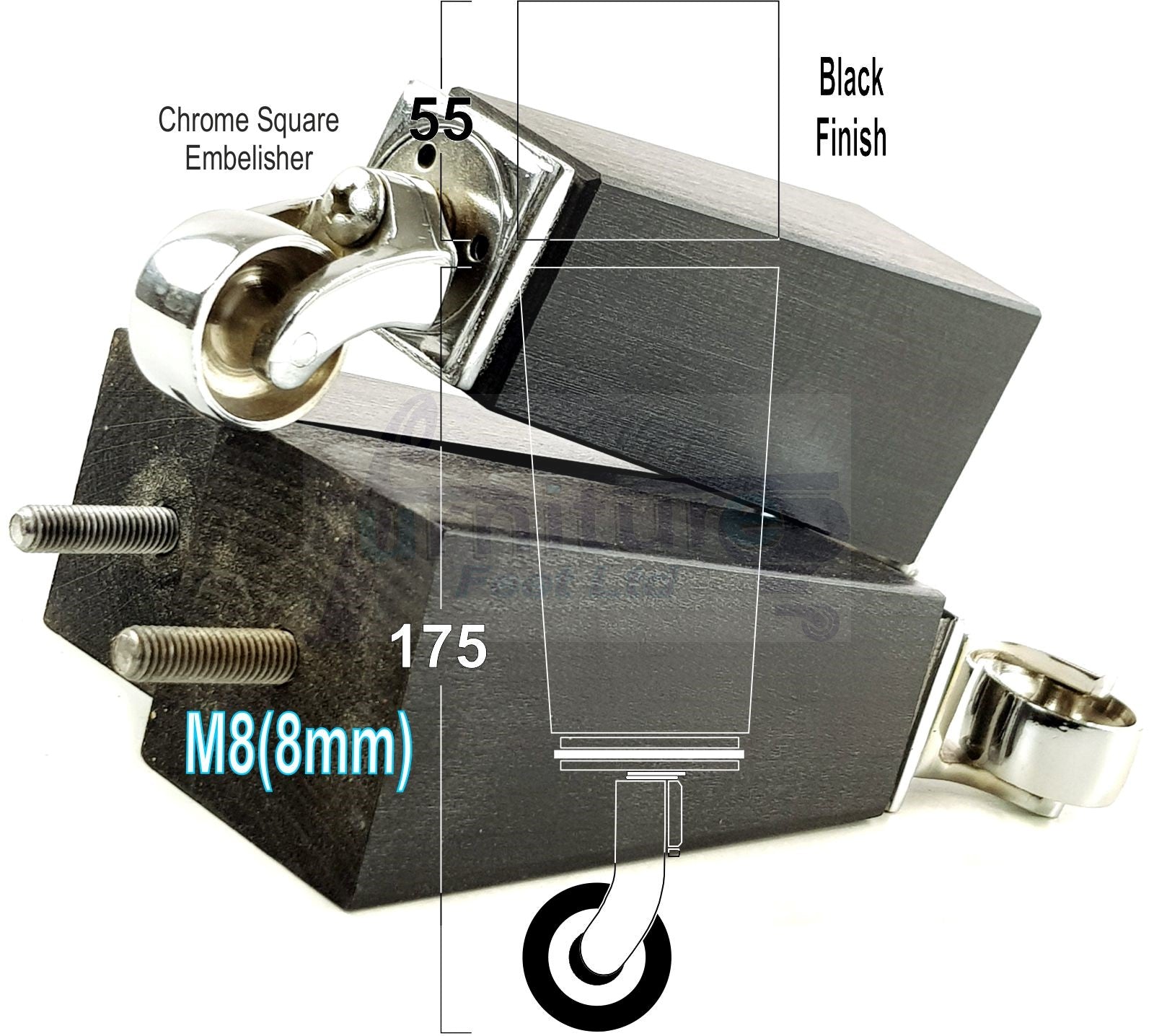 4x Solid Wood Furniture Legs Chair Sofa Bed Replacement Feet 175mm High With Chrome Castors 8mm Thread