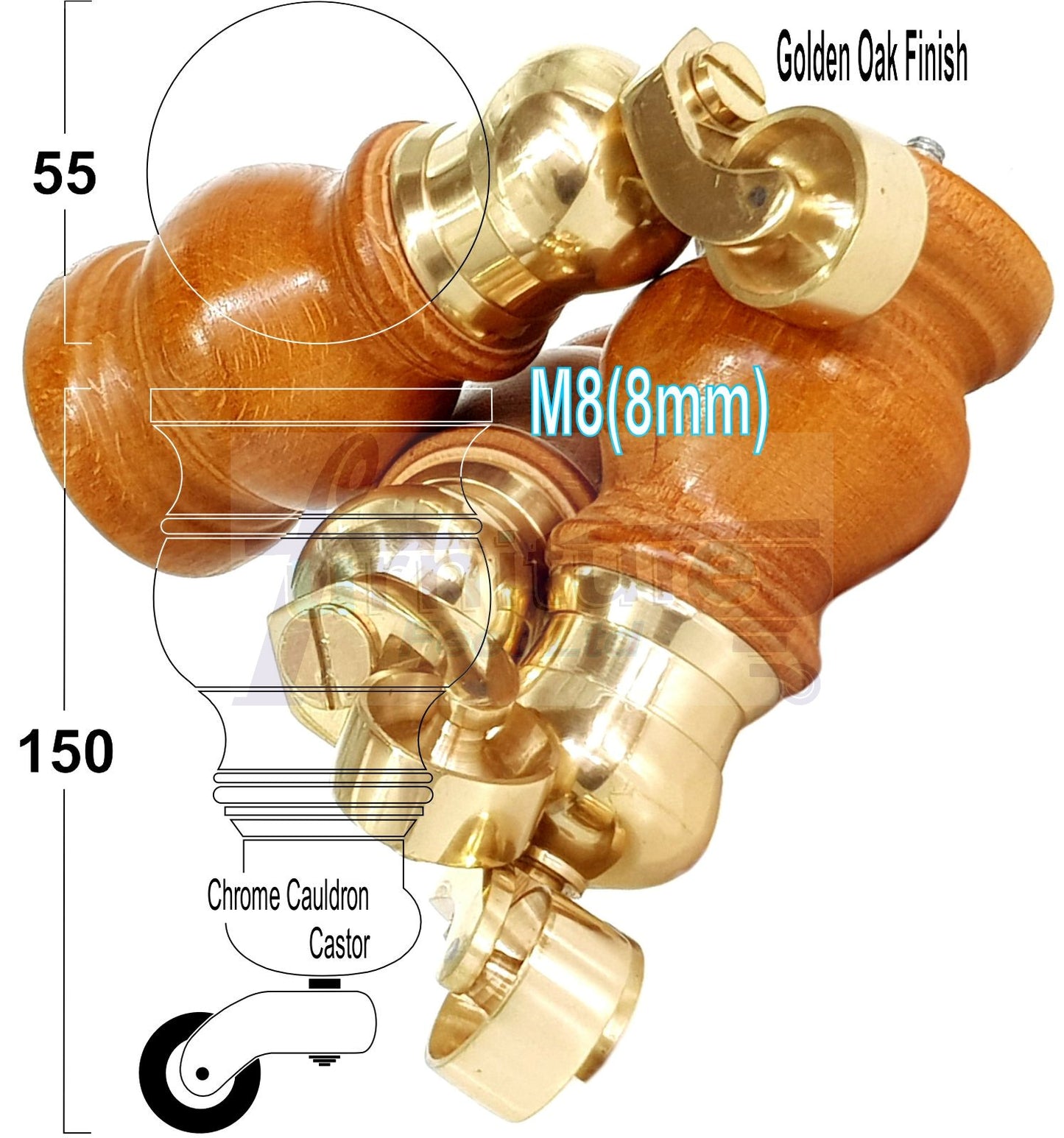 Set Of 4 Turned Wood Furniture Legs With 150mm High Castor 8mm Thread For Chairs Settees & Cabinets Golden Oak Finish