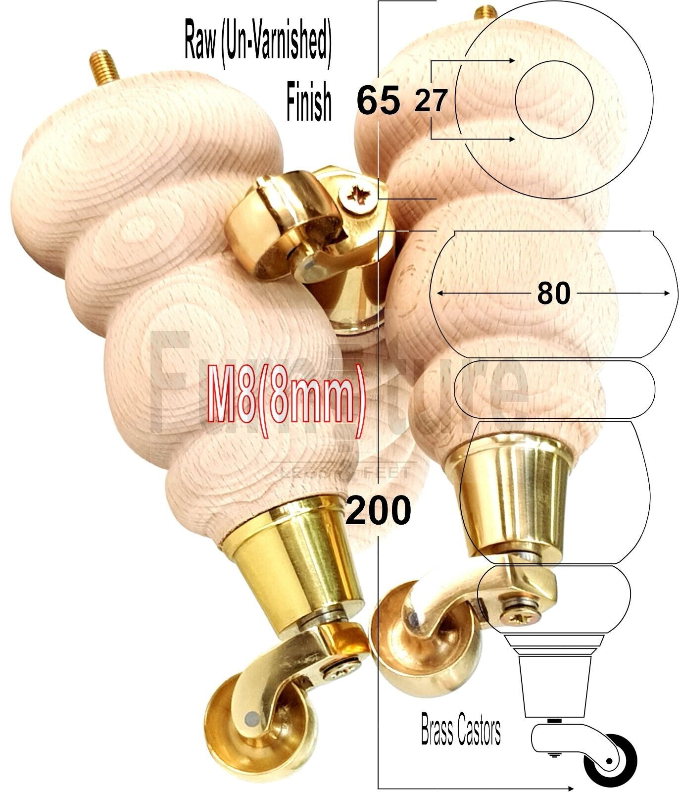 4x Turned Wood Furniture Brass Castor Leg M8 Replacement Feet Chairs Stools Sofa 250mm