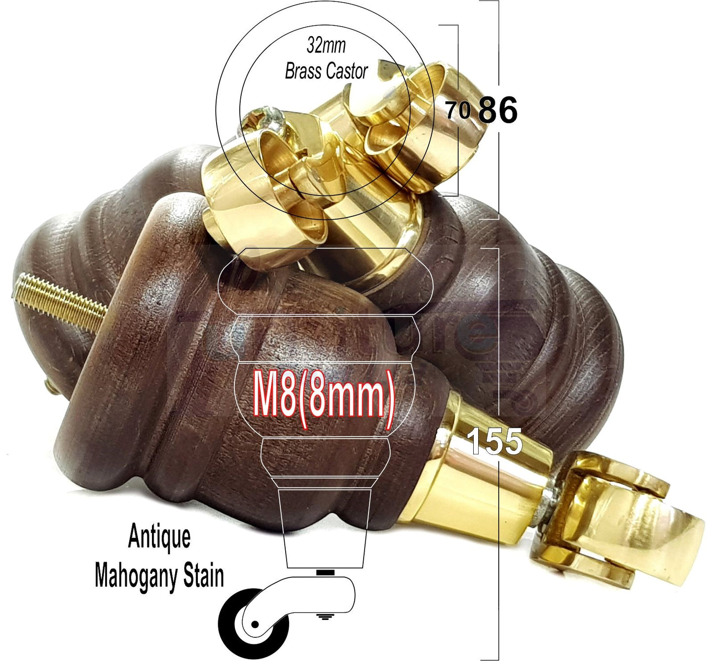 4 Turned Wood Furniture Feet With Brass Castors 155mm Legs Sofas Chairs Stools Cabinets Beds M8 6 Inches