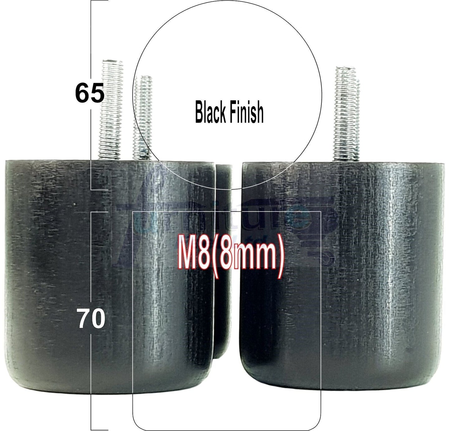 4x Solid Wood Turned Furniture Legs Replacement Bun Feet 70mm High 8mm Thread