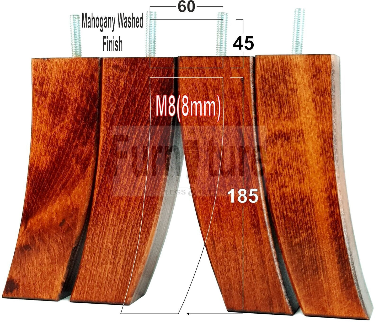 Set Of 4 Solid Wood Curved Furniture Feet Replacement Legs 185mm High M8(8mm)