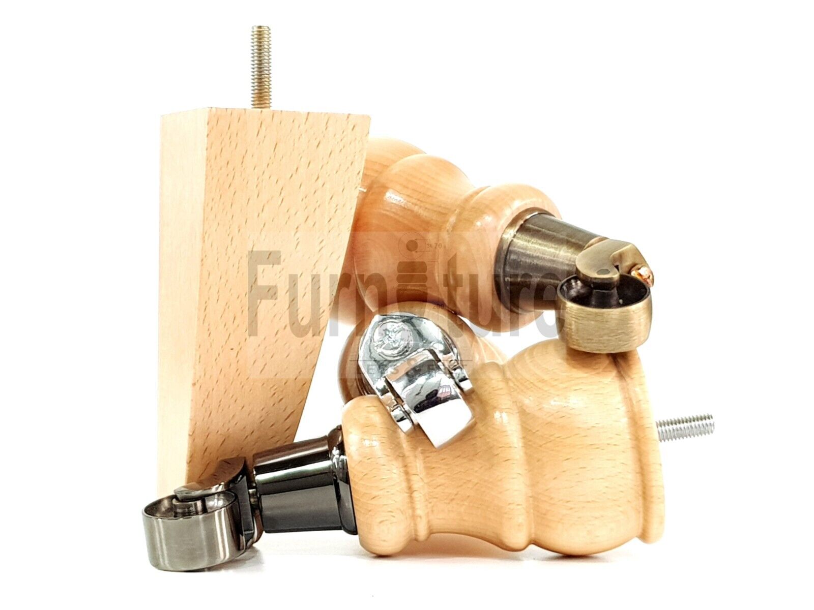 2 Wooden Castor Furniture Sofa Legs & 2 Curved Back Feet  Natural M8 Chair Settee Feet 160mm High