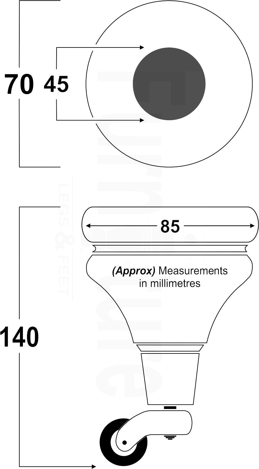 Set Of 4 Turned Furniture Wood Feet With Black Castors 140mm Sofas Chairs Settee Cabinets Beds M8(8mm)