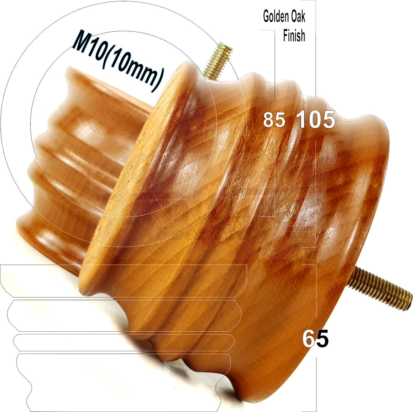 4x Replacement Turned Wooden Furniture Legs 65mm High 10mm Tread For Sofa and Chairs
