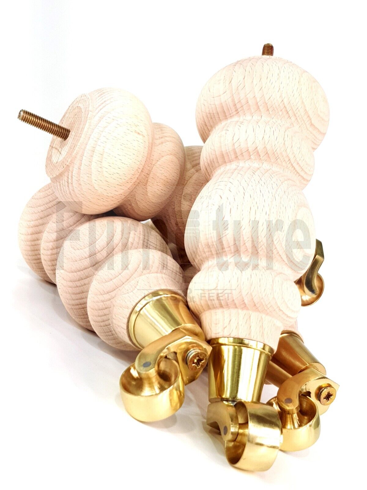 4x Turned Wood Furniture Brass Castor Leg M8 Replacement Feet Chairs Stools Sofa 250mm