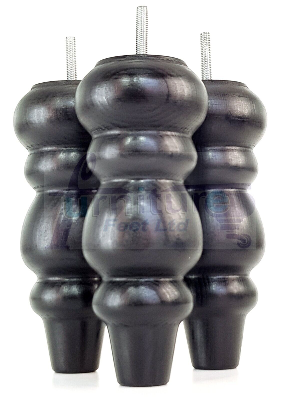 4 Solid Wood Furniture Legs Replacement Turned Feet 200mm High M8(8mm) Thread: Black