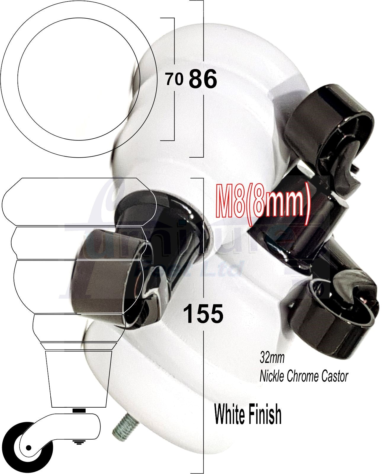 4 Turned Wood Furniture Feet With Black Chrome Castors 155mm Legs Sofas Chairs Stools Cabinets Beds M8 6 Inches