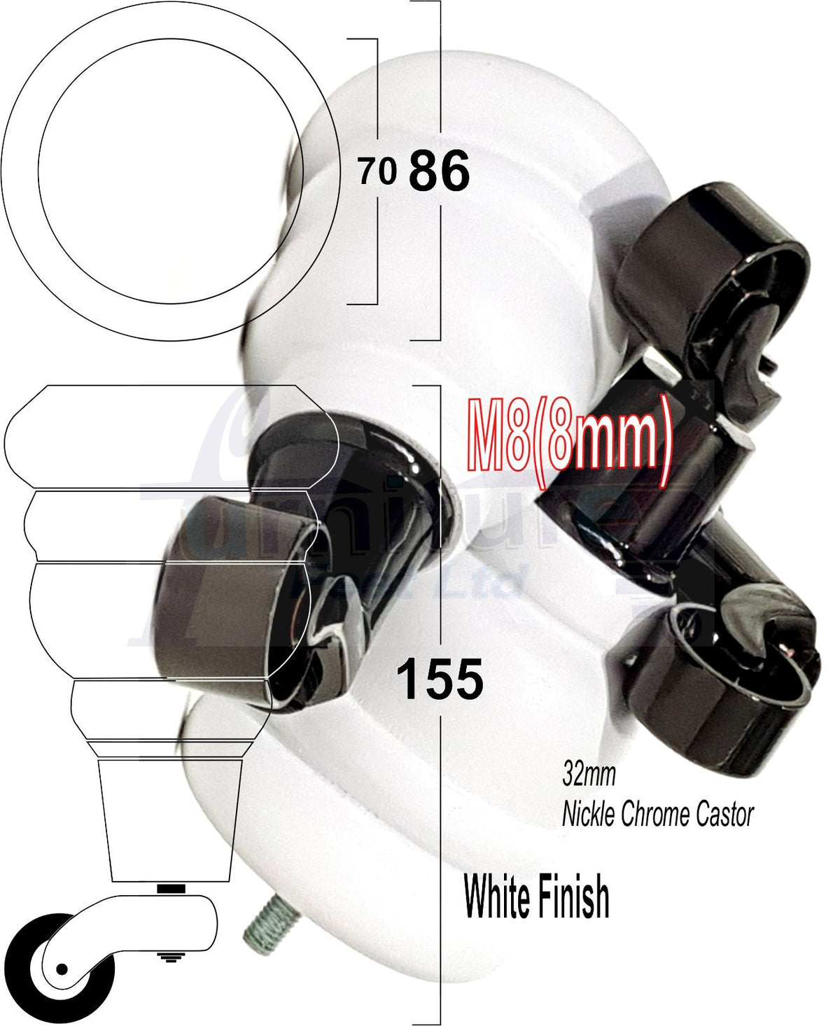 4 Turned Wooden Replacement Furniture Legs with Castors 6 Inch 155mm High Sofa Feet M8 Dowl Fixing - Black Castor