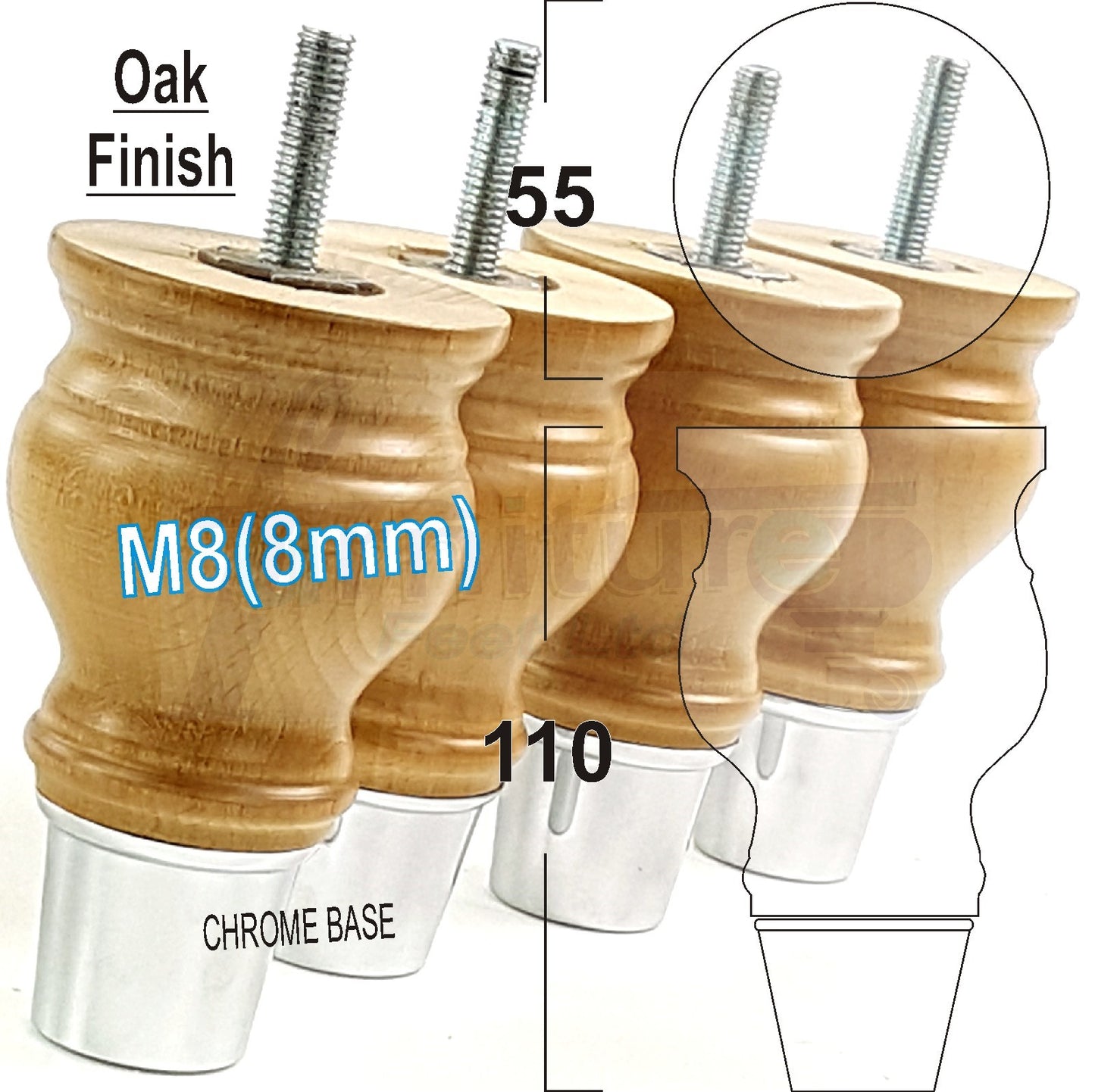 4x Turned Wood Furniture Feet M8(8mm) With Slipper Cup Chair Sofa Settee Legs 110mm