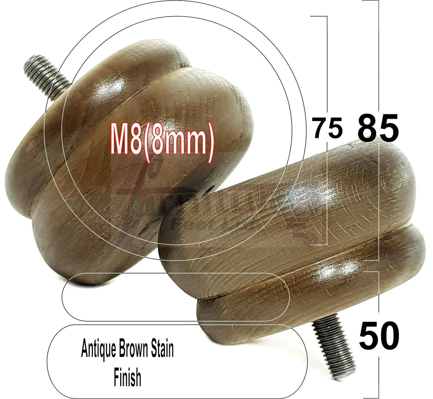 Set Of 4 Turned Wooden Furniture Legs Replacement Bun Feet 50mm High 8mm Thread