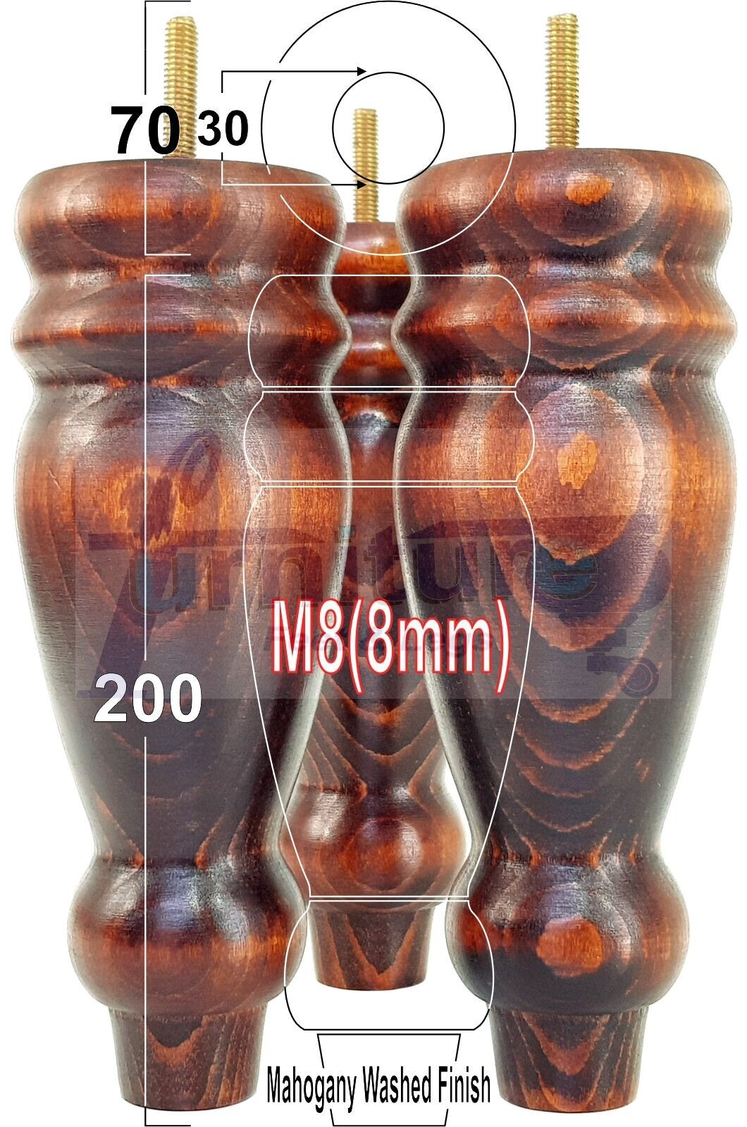 Set Of 4 Turned Furniture Legs Replacement Sofa Feet 200mm High M8 Thread