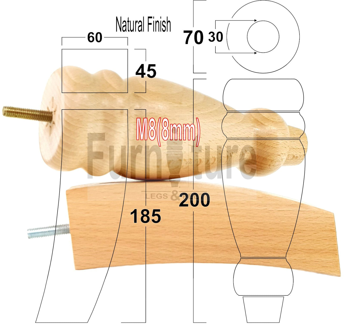 2 Traditional Turned Furniture Feet Replacement Sofa Legs 200mm & 2 Curved Back Legs 185mm for Chairs Stools Sofa Beds Settee Cabinets M8