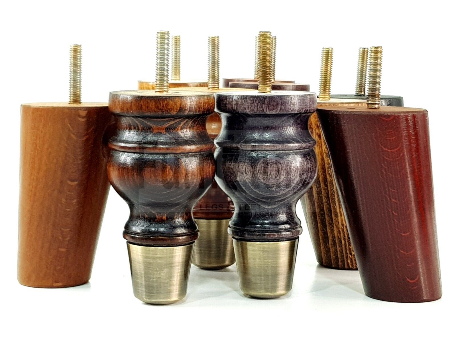 2x Turned Wood Furniture Feet Antique Brass Slipper Cup 2x Curved Back Legs M8 Chair Sofa Settee Legs 110mm