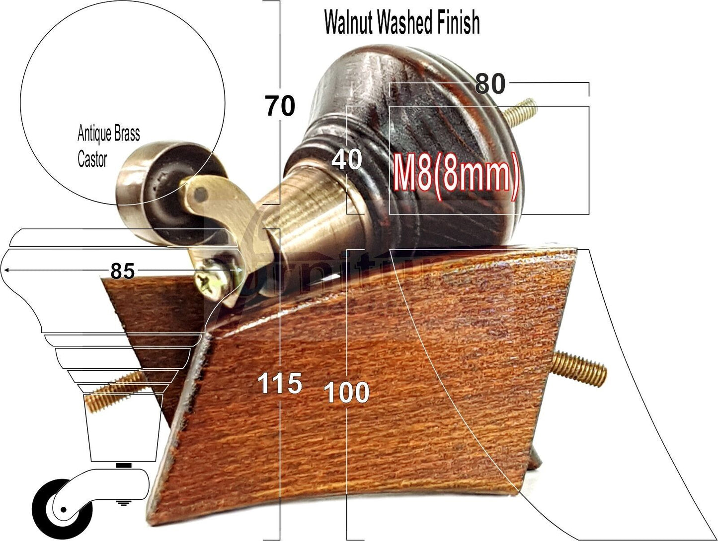 2 Dark Walnut Washed Wood Furniture Sofa Feet With Castor 125mm & 2 Curved Legs Chair Settee 100mm High M8