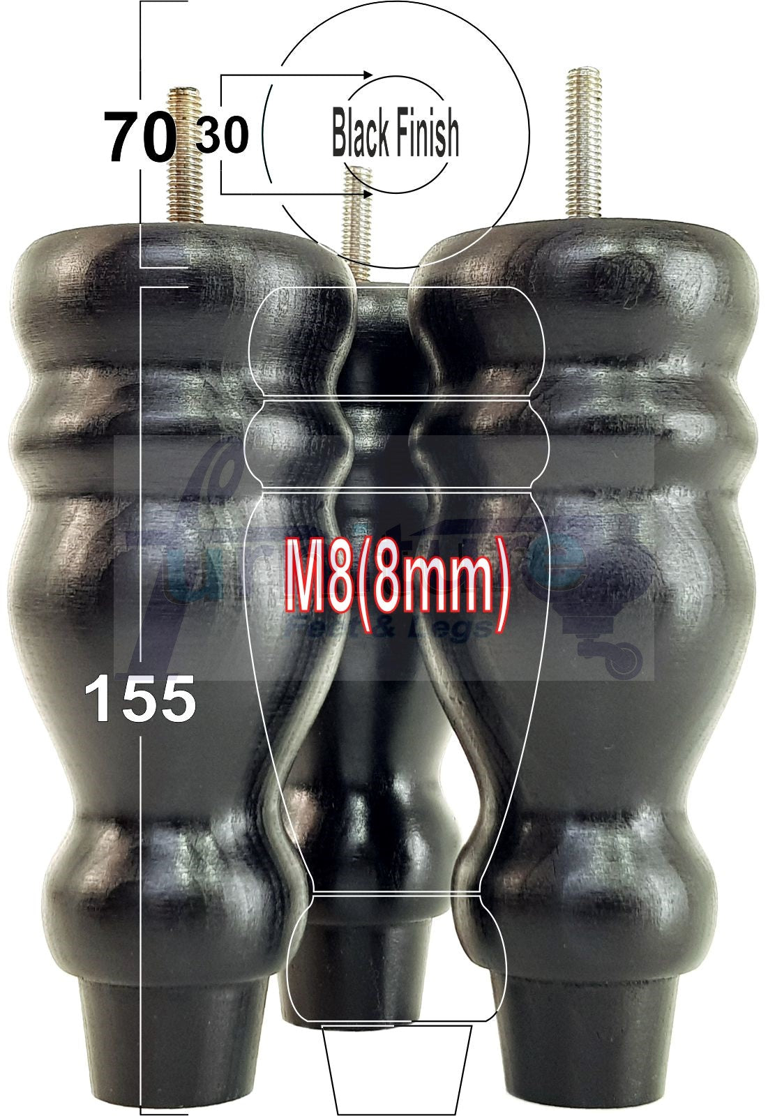 Set Of 4 Turned Wood Furniture Replacement Feet 155mm High 8mm Tread