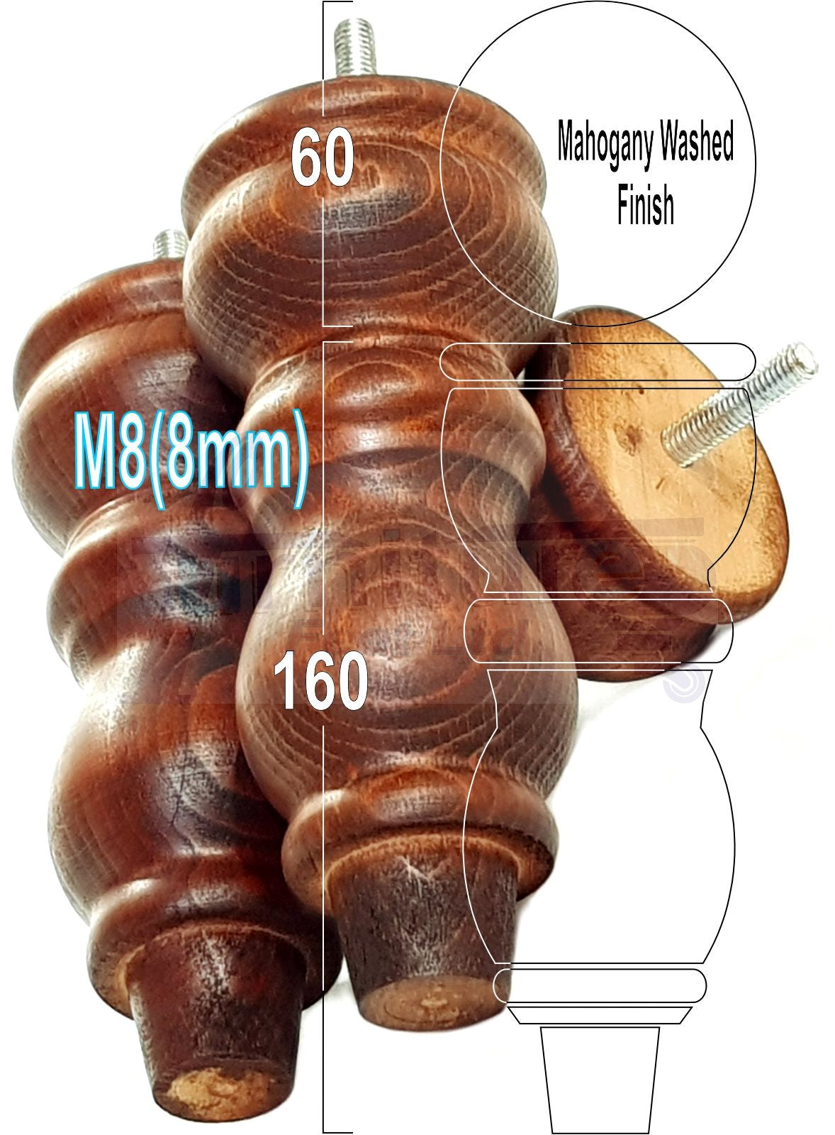 Solid Wood Furniture Feet Set of 4 Legs 160mm High For Sofas Chairs Stools Cabinets & Beds M8