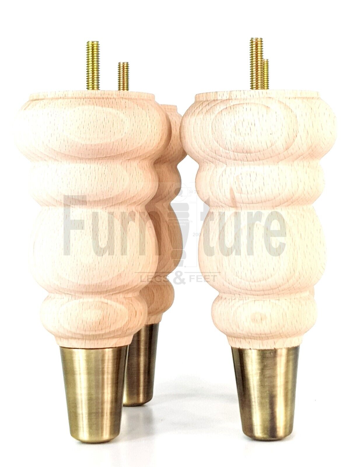4x Round and Turned Wood Furniture Legs With Brass Slipper Cups Replacement Feet 185mm High 8mm Thread