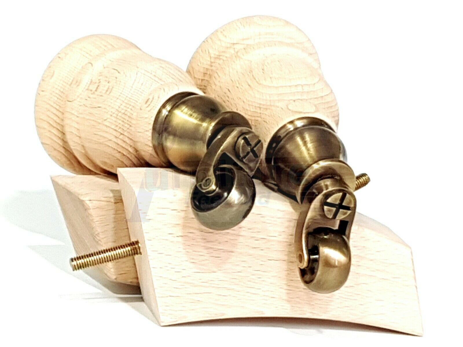 Turned Raw Wood Furniture Feet 2 With Castors 155mm and 2 Curved Back Legs Sofas Chairs Stools Cabinets Beds M8 6 Inches