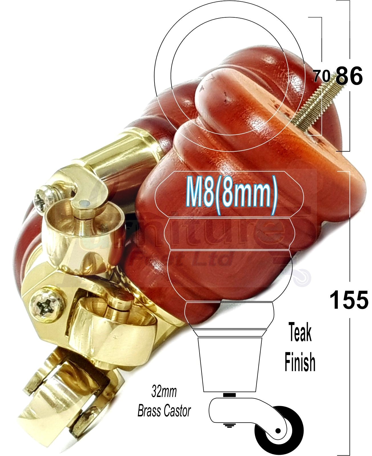 4 Turned Wood Furniture Feet With Brass Castors 155mm Legs Sofas Chairs Stools Cabinets Beds M8 6 Inches