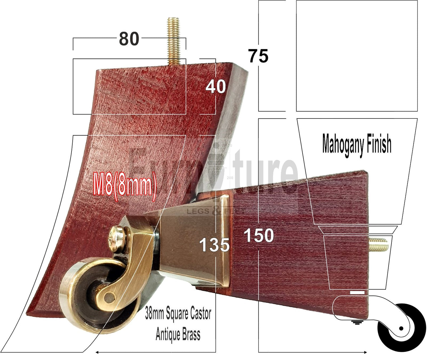 2x Cuved Wood Furniture Legs & 2x Castor Feet 150mm High For Chairs Sofas Settees 8mm Thread