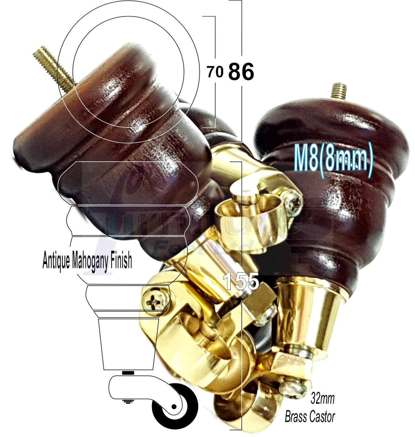 4 Turned Wood Furniture Feet With Brass Castors 155mm Legs Sofas Chairs Stools Cabinets Beds M8 6 Inches