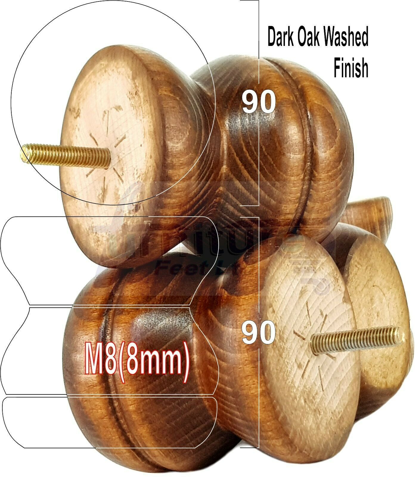 4x Turned Solid Wood Furniture Legs Replacement Bun Feet 90mm High 8mm Thread