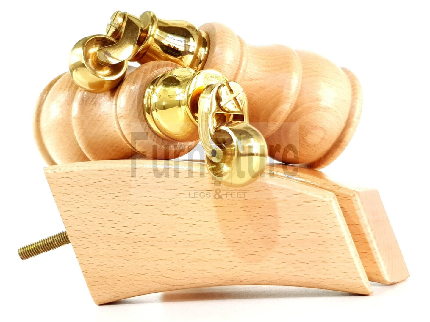 2 Wooden Castor Furniture Sofa Legs & 2 Curved Back Feet  Natural M8 Chair Settee Feet 160mm High