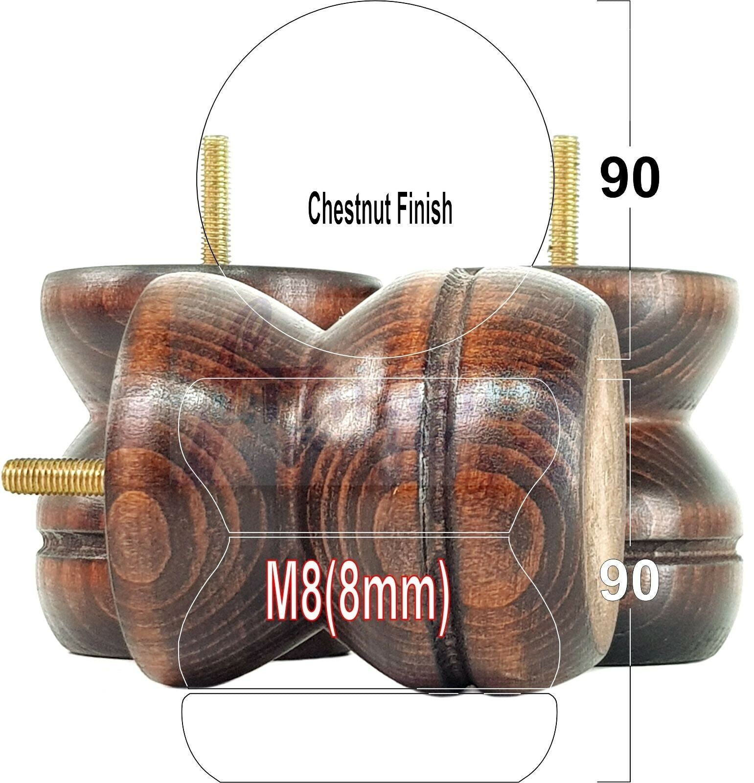 4x Turned Solid Wood Furniture Legs Replacement Bun Feet 90mm High 8mm Thread