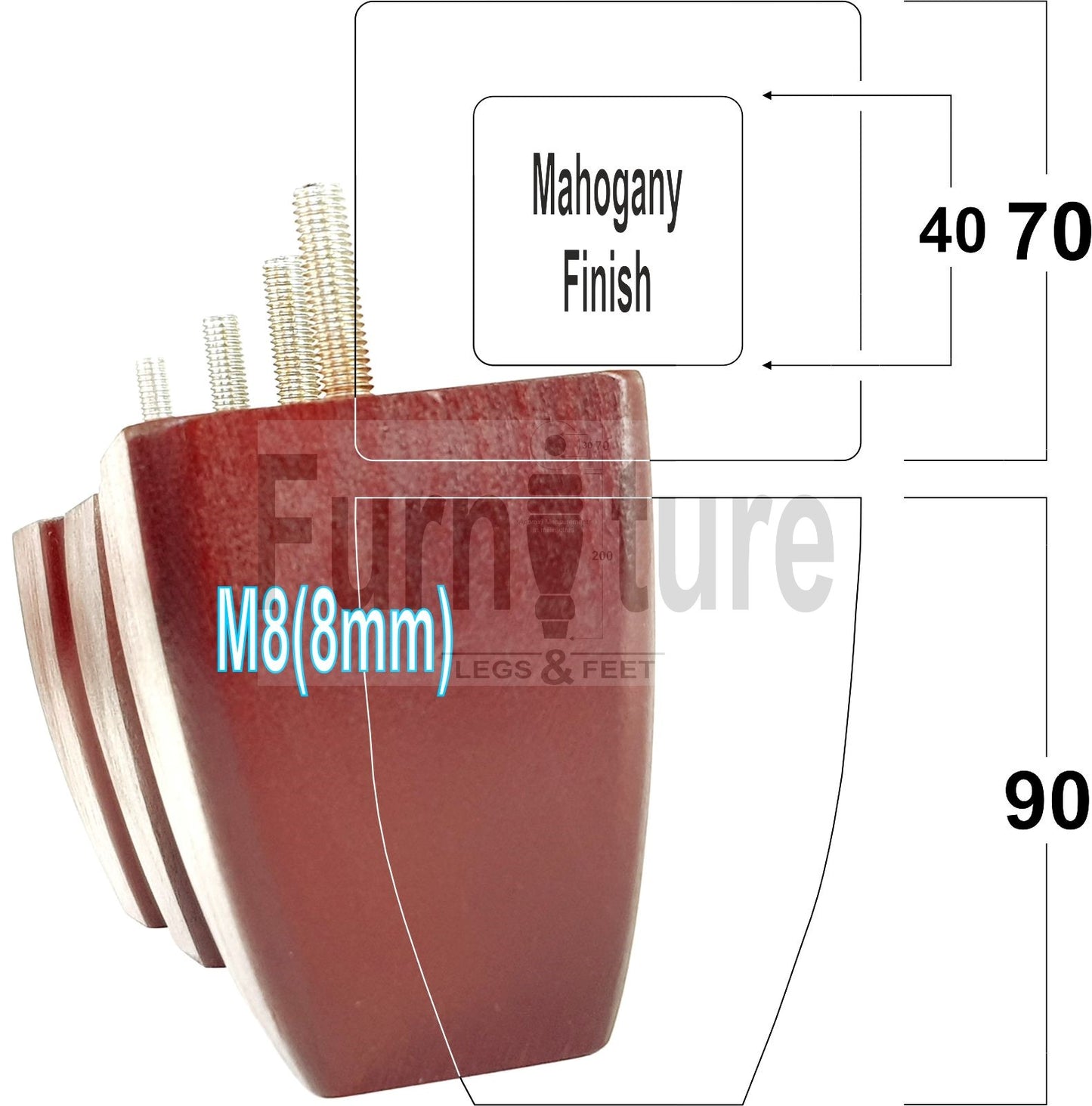 Set Of 4 Solid Wooden Block Furniture Feet Replacement Legs 90mm High M8(8mm)