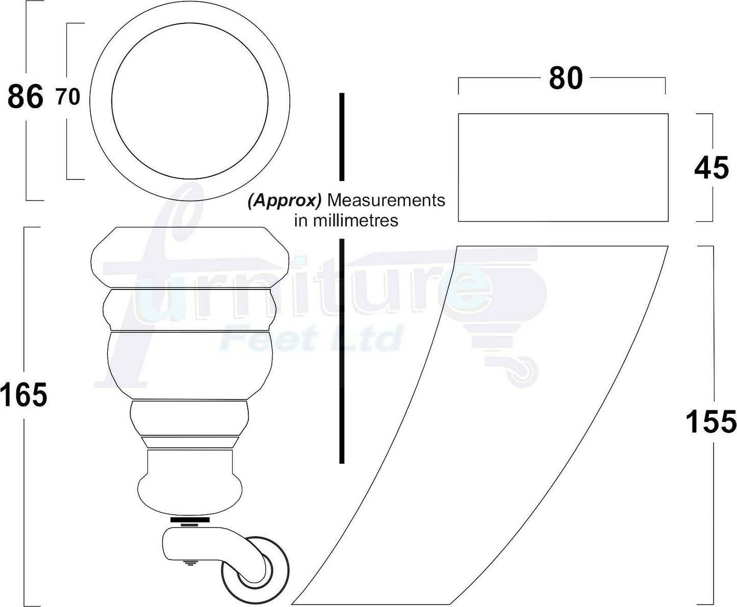 Black Turned Wood Furniture Feet 2 With Castors 155mm and 2 Curved Back Legs Sofas Chairs Stools Cabinets Beds M8 6 Inches