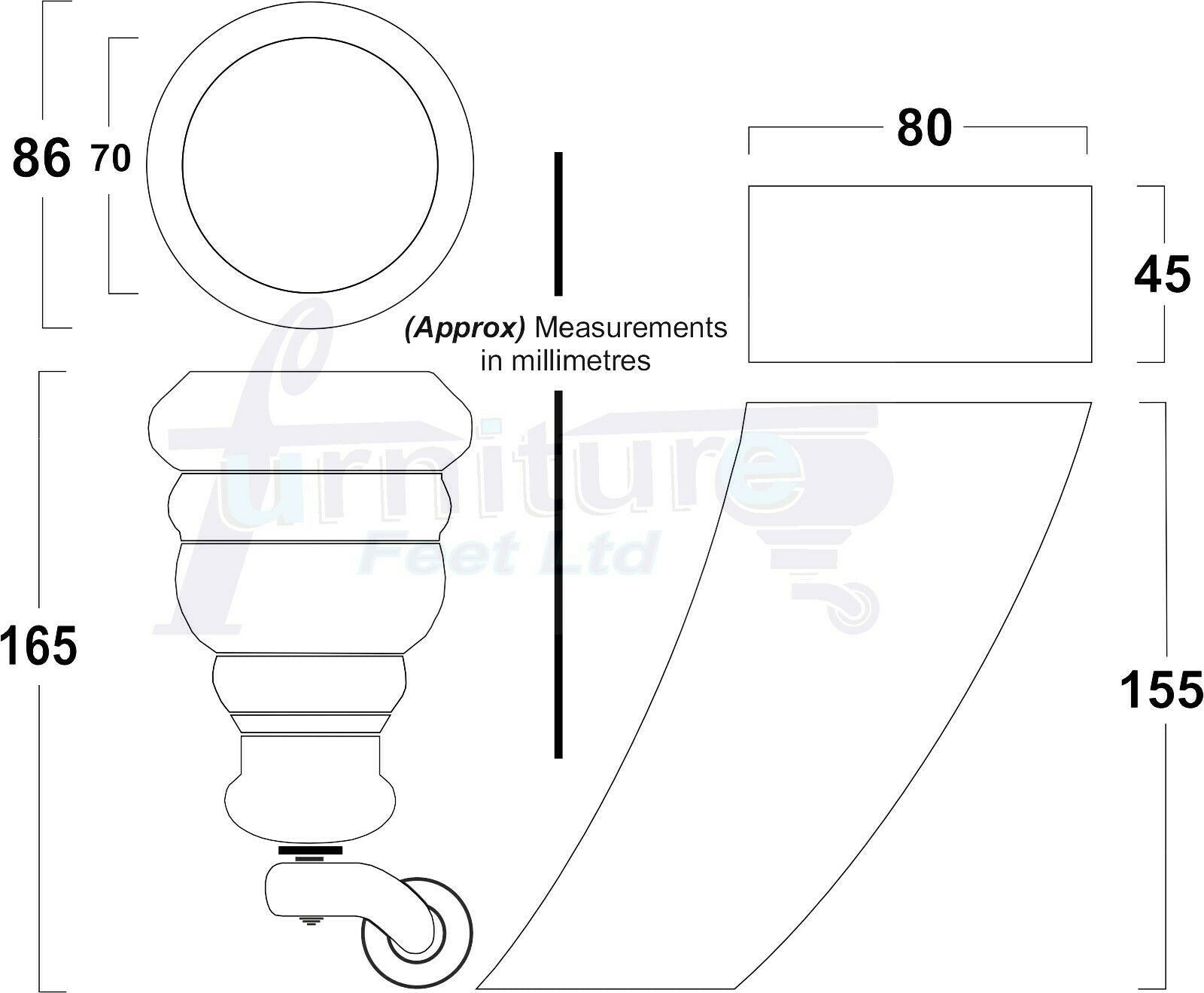 Black Turned Wood Furniture Feet 2 With Castors 155mm and 2 Curved Back Legs Sofas Chairs Stools Cabinets Beds M8 6 Inches