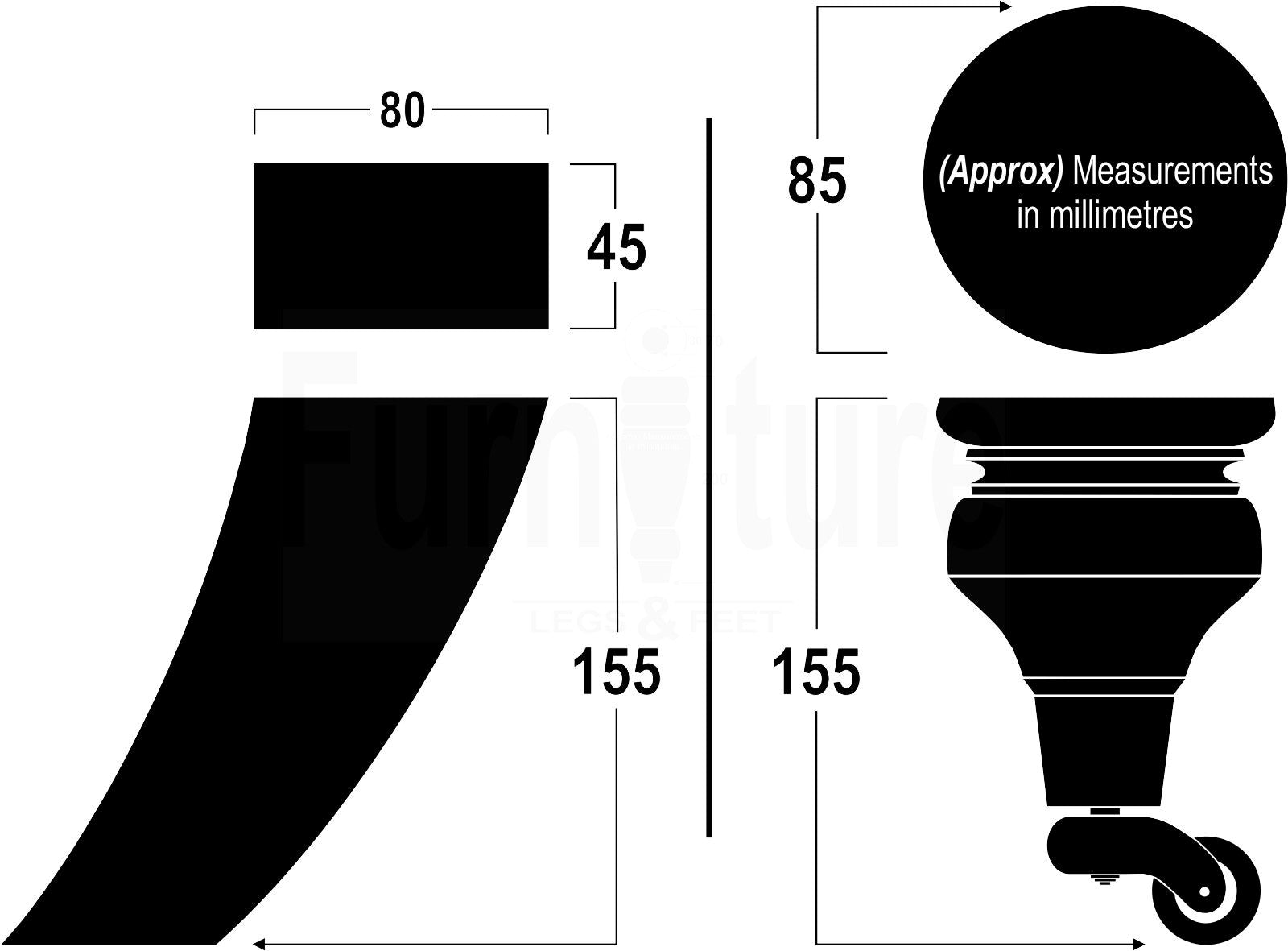 Solid Wood Furniture Replacement Legs 6 Inches with Castors and Back Feet 155mm High M8 Dowl Fixing - Mahogany Finish