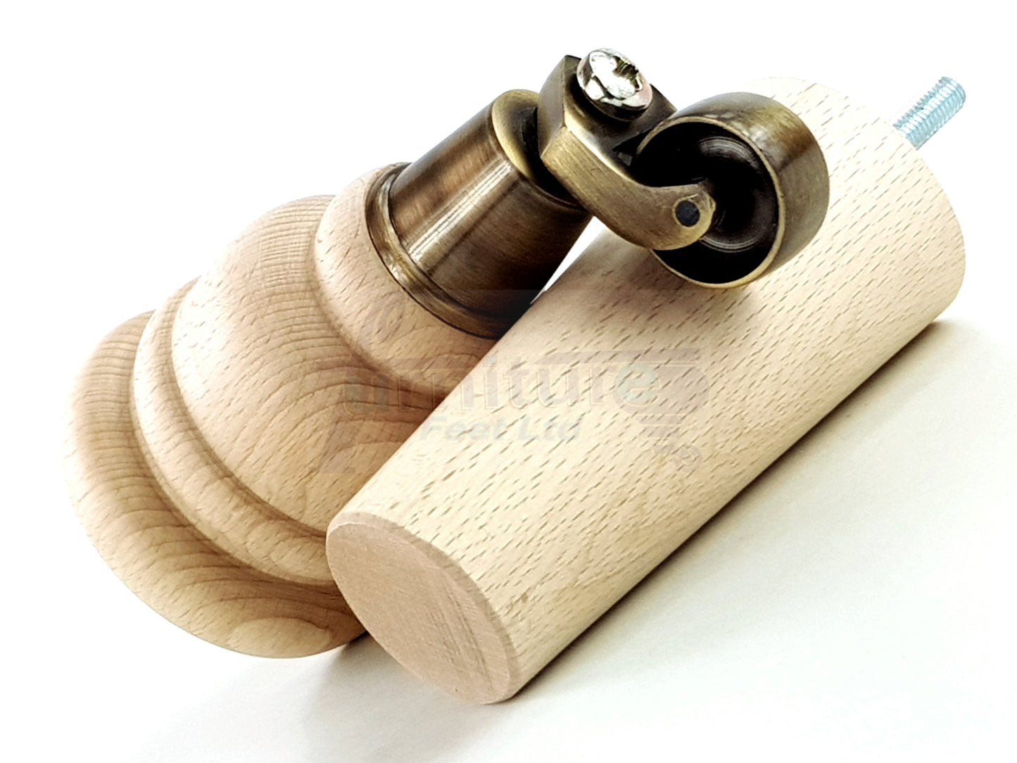 Raw Turned Wood Replacement Furniture Legs 2x with Antique Castors and 2x Angled Back Legs M8 Dowl Fitting 155mm High 6 Inches