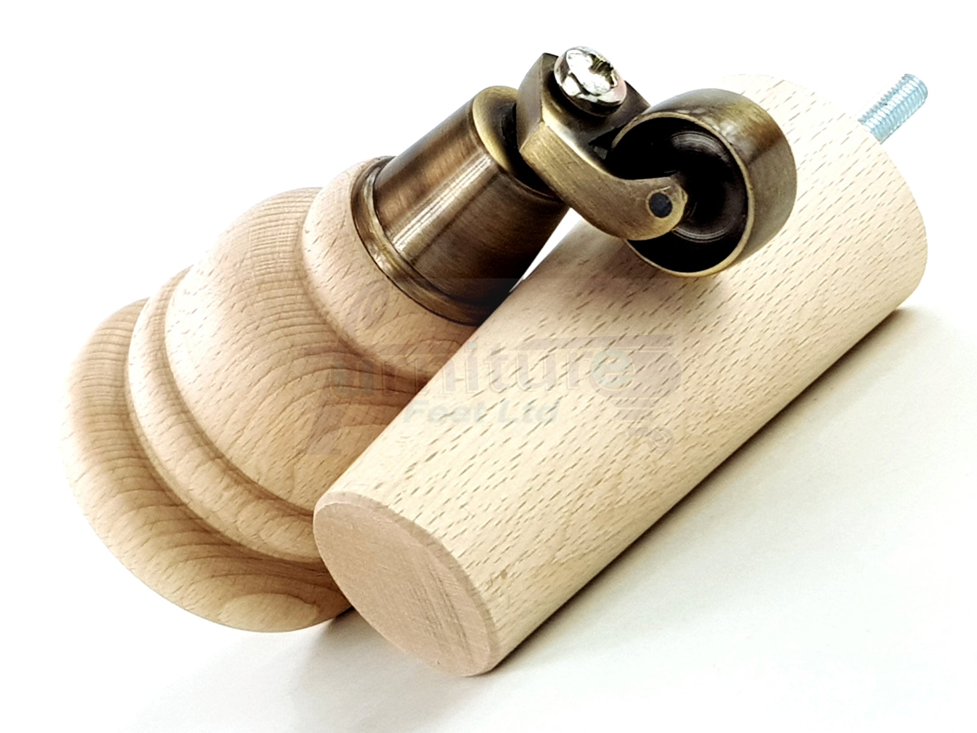 Raw Turned Wood Replacement Furniture Legs 2x with Antique Castors and 2x Angled Back Legs M8 Dowl Fitting 155mm High 6 Inches