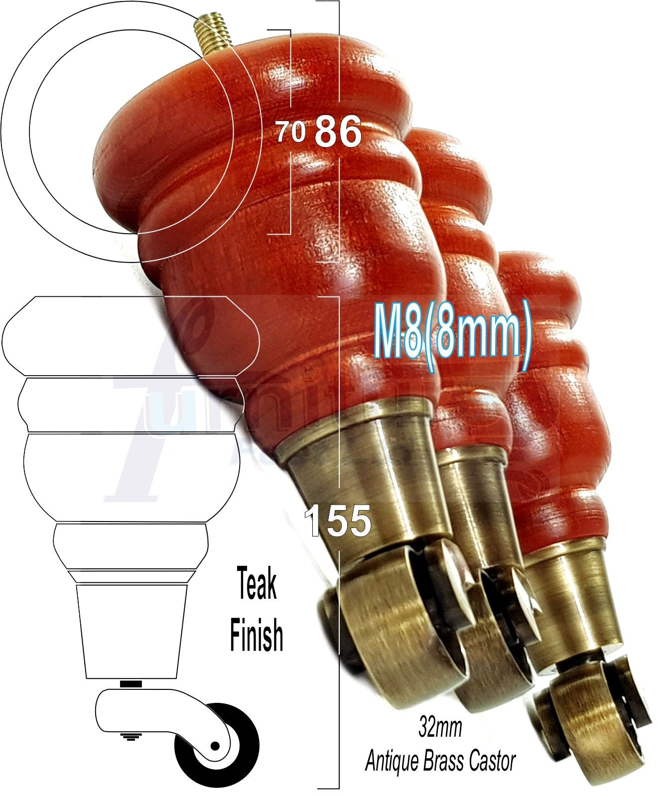 4 Turned Wood Furniture Feet With Antique Brass Castors 155mm Legs Sofas Chairs Stools Cabinets Beds M8 6 Inches