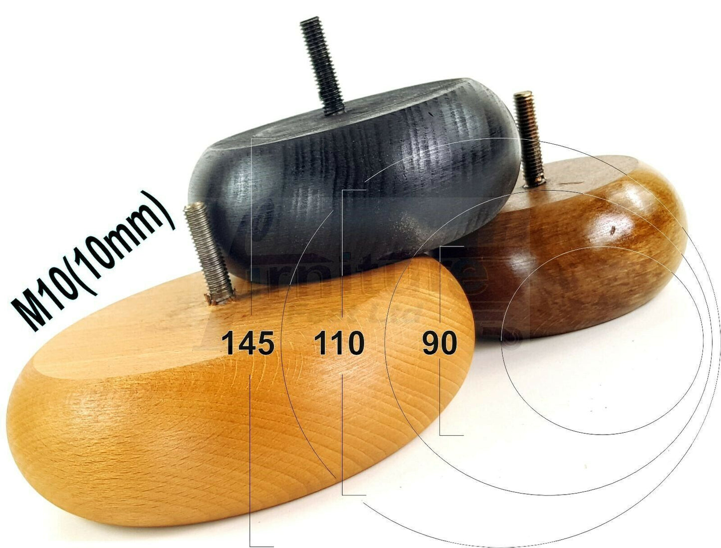 4 Solid Wood Bun Feet Replacement Furniture Legs 40mm High For Chairs Sofa's Beds Settee M10 Thread