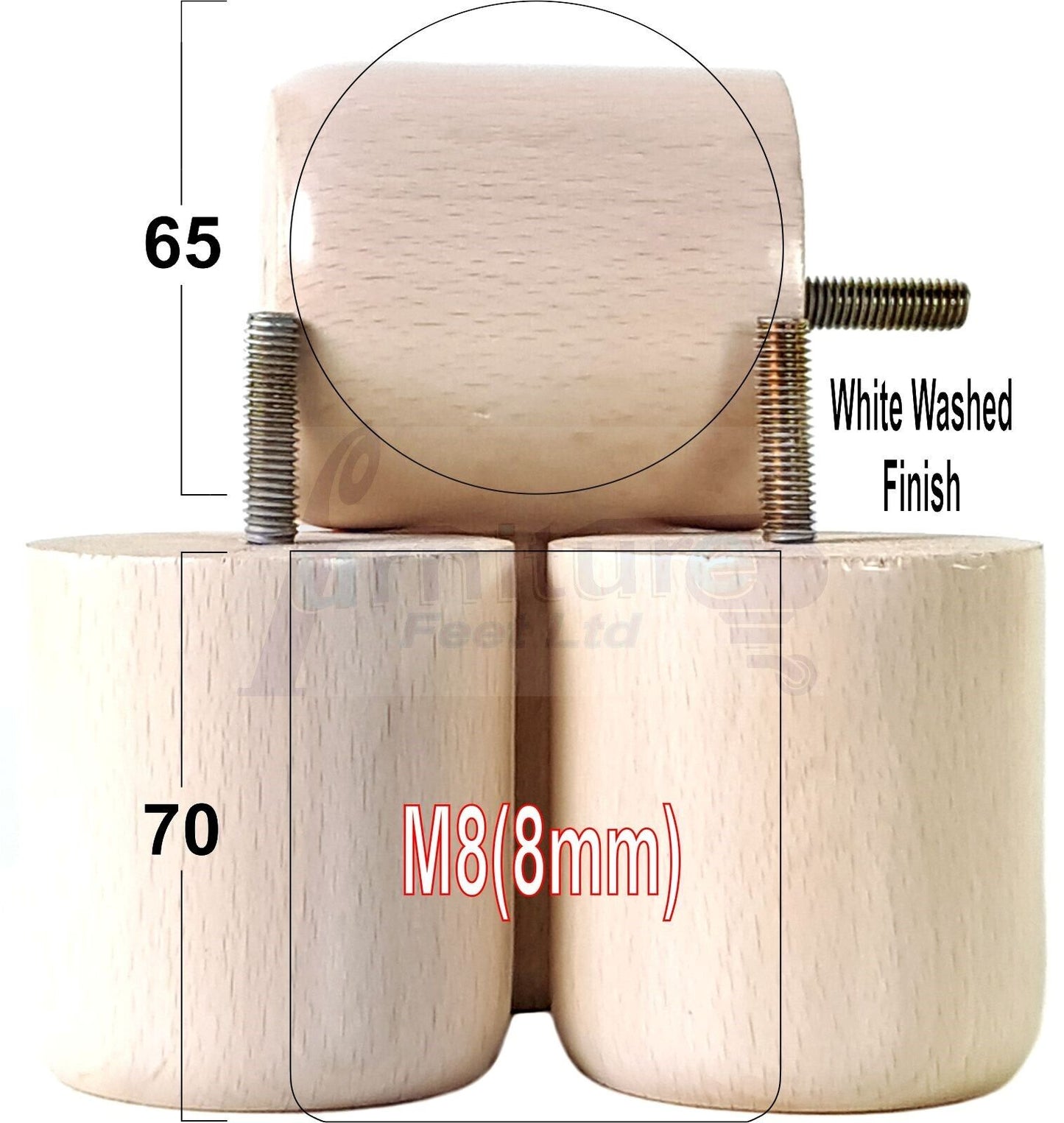4x Solid Wood Turned Furniture Legs Replacement Bun Feet 70mm High 8mm Thread