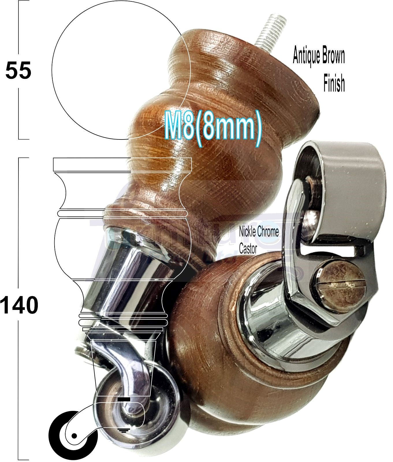 Set Of 4 Turned Wood Furniture Legs With Black Castor Wheels 140mm High M8(8mm)