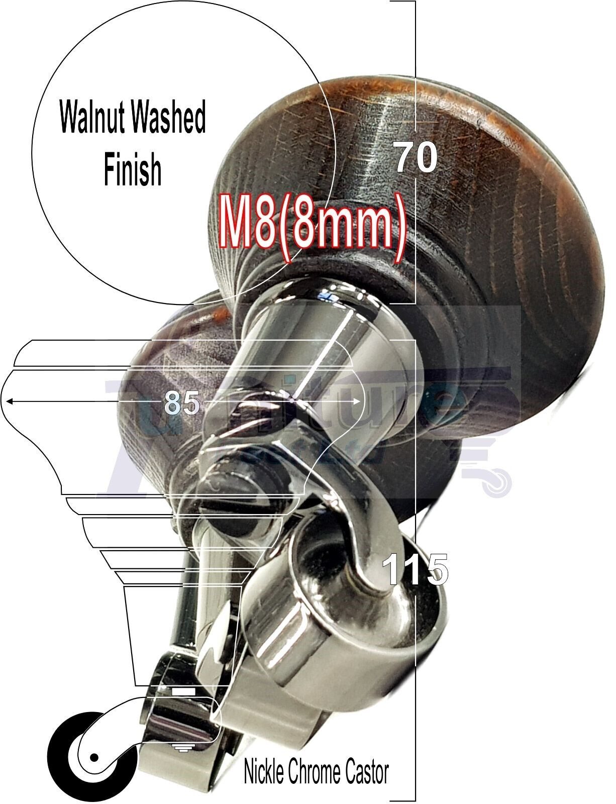 4x Dark Walnut Washed Wooden Furniture Sofa Legs M8 With Castors Replacement Chair Settee Feet 115mm - 125mm High