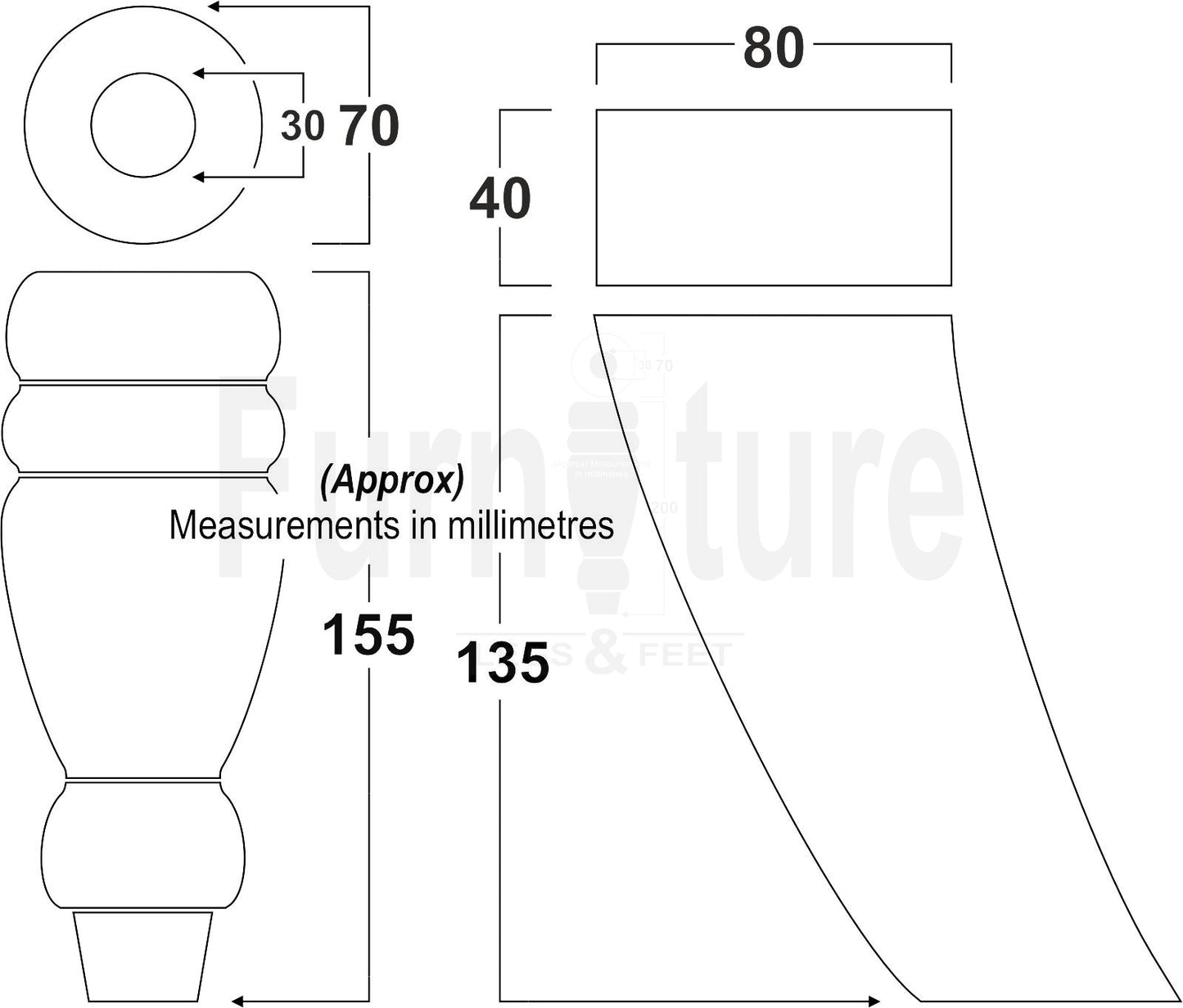 2x Turned Wood Furniture Feet 155mm and 2 Curved Back Legs Sofas Chairs Stools Cabinets Beds M10 Thread 6 Inches
