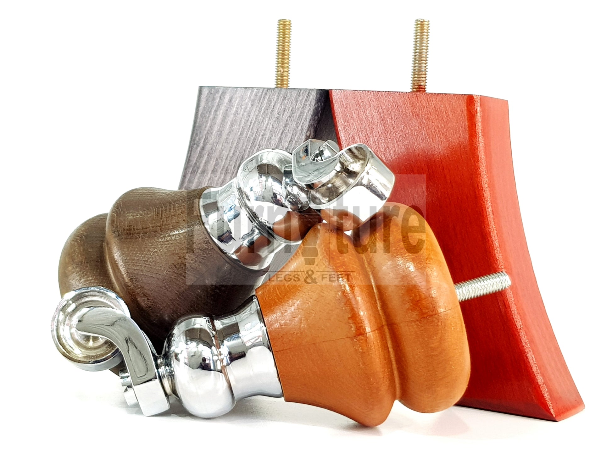 Turned Wood Furniture Feet 2 With Chrome Castors 150mm & 2 Curved Back Legs Sofas Chairs Cabinets Beds M8